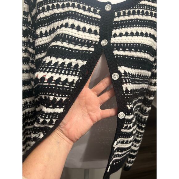Nanette Lepore Nordic open knit black white cardigan button up grandmacore cozy - Picture 8 of 9